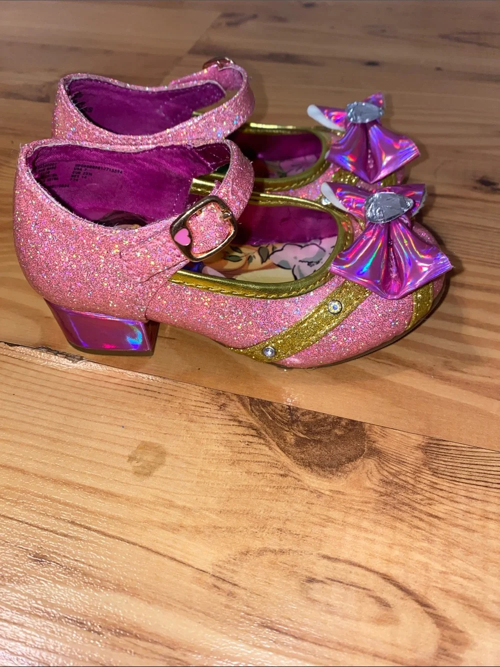 Disney Girls Pink Glitter Princess Bow Dress Shoes with Heart Gems